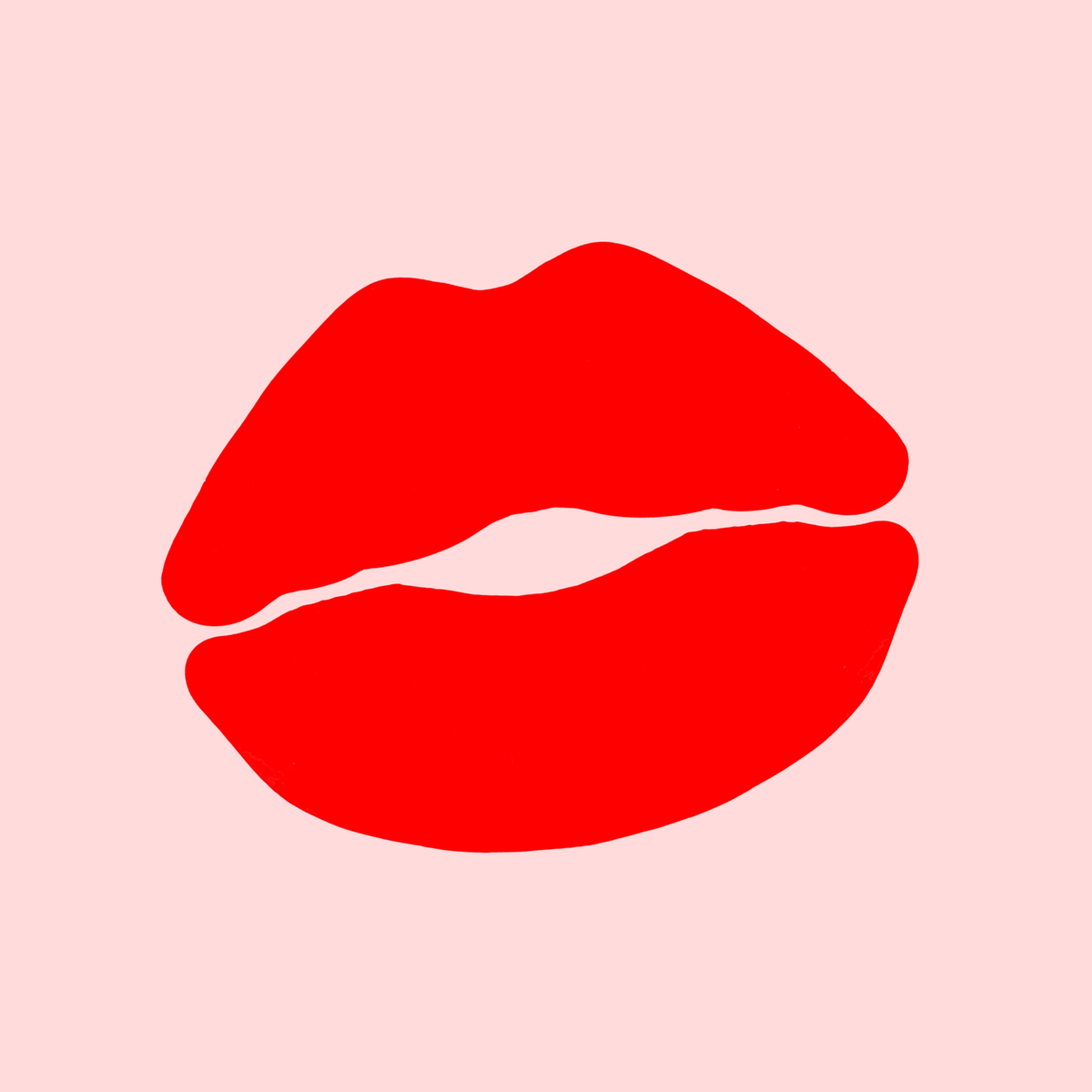 Red lipstick print on a pink background.