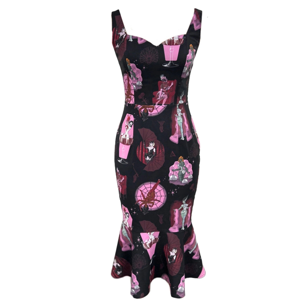 "Burlesque Monsters Dress" against a white background.