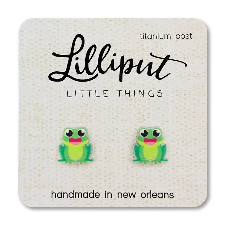 Frog-shaped earrings on a Lilliput Little Things branded card.