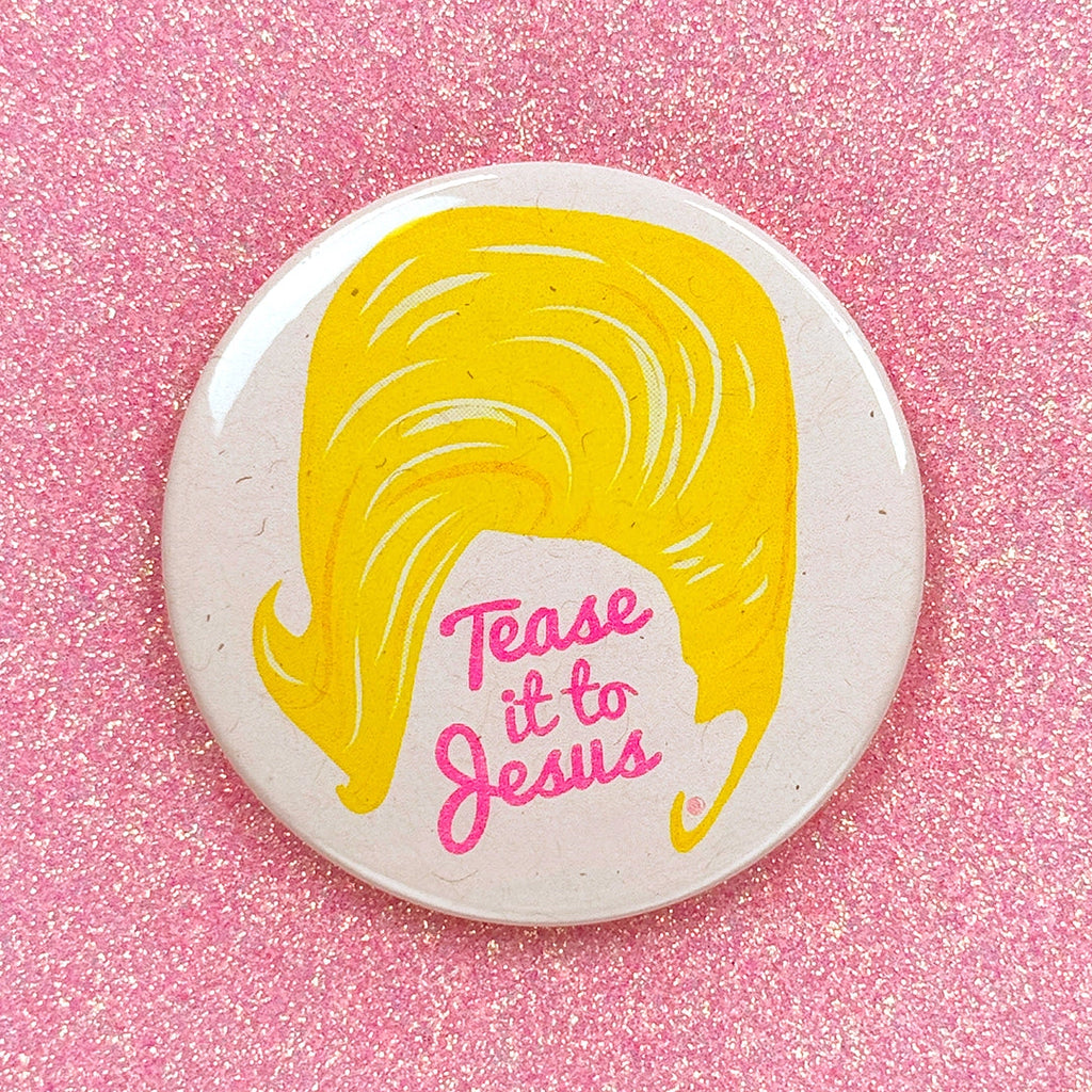 Round light pink mirror with a yellow beehive featuring "Tease it to Jesus" in a dark pink cursive font against a glittery pink background.