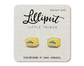Stick of butter earrings on a Lilliput backing card against a white background.