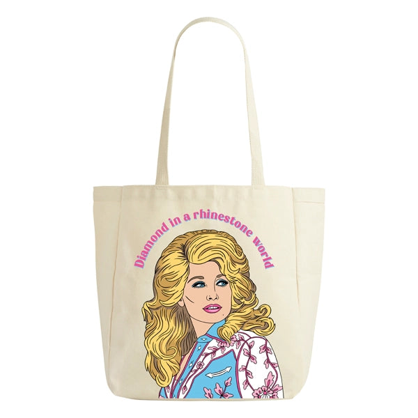 Tote bag with a graphic of Dolly Parton and text on a white background