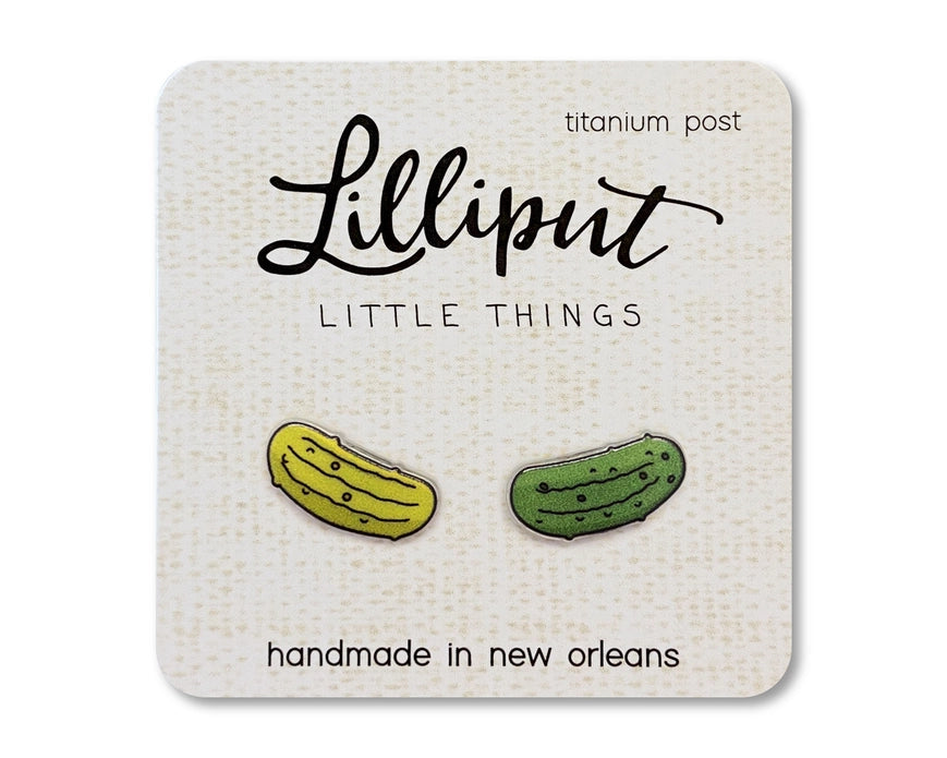 Pickle earrings on a Lilliput backing card.
