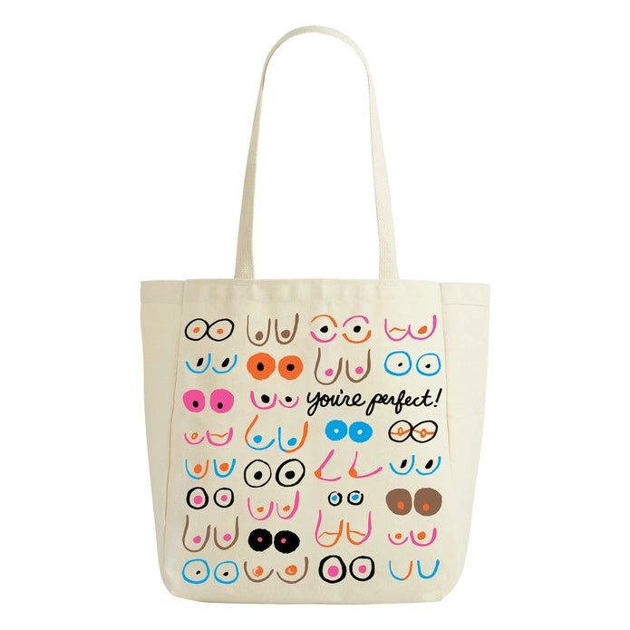 Tote bag with different boob styles and colors against a white background.