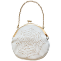 Front of purse against a white background. Front has a gold spiderweb on a white purse base