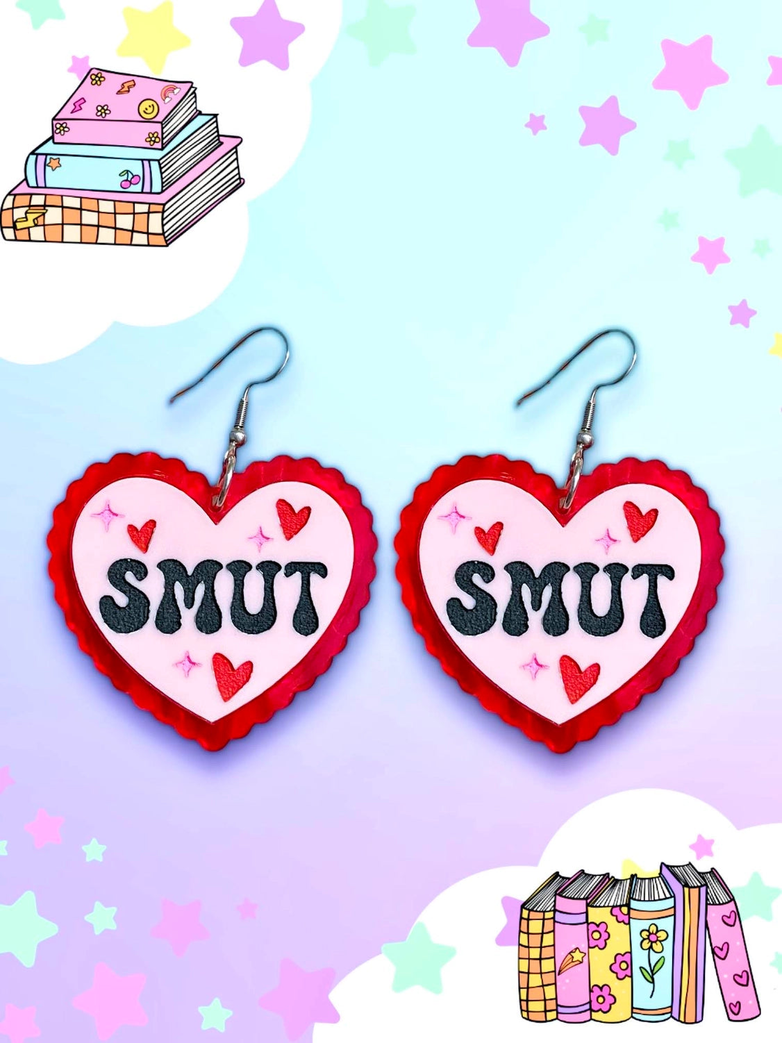 Pink heart earrings with red lace edges and the word "Smut" in a funky black font against a bright background.