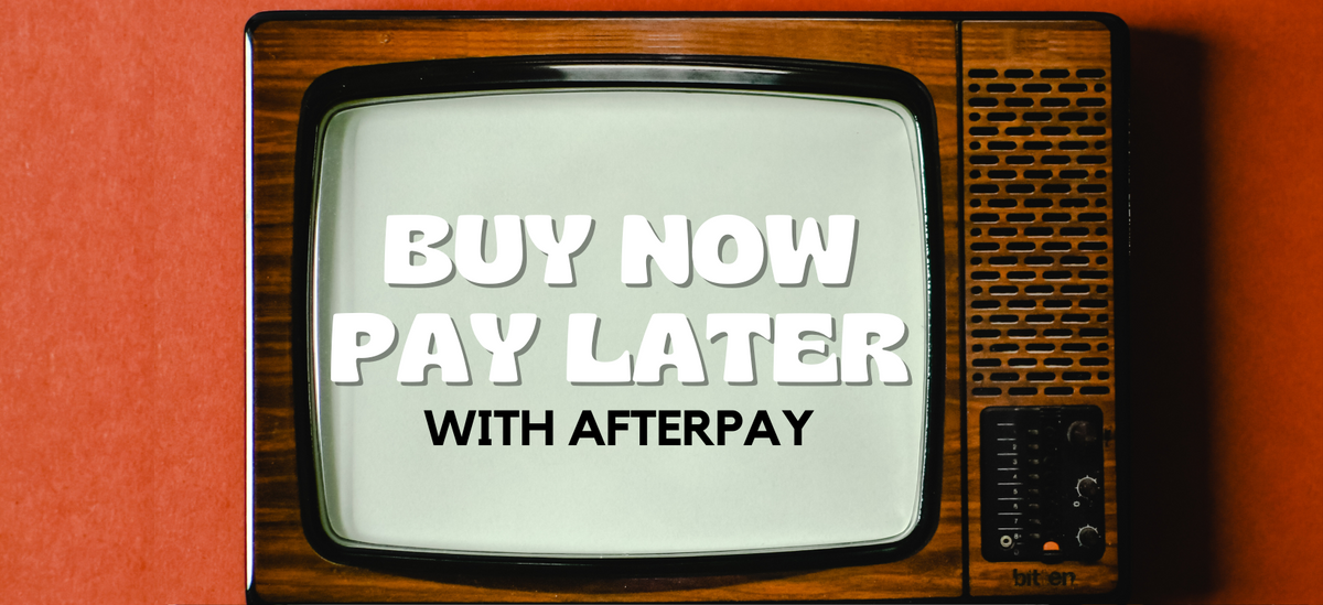 Vintage tv with "Buy Now Pay Later with Afterpay" on the screen against an orange background.