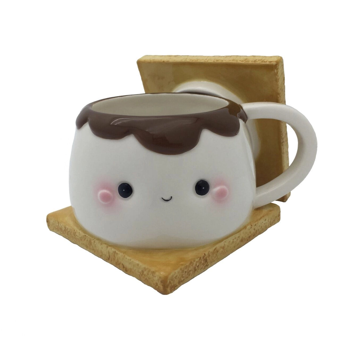 Mug is a large marshmallow with a kawaii face, chocolate on top of the marshmallow, and two graham crackers. Top graham cracker is the lid of the mug, and is shown in this photo as off of the mug to showcase that it is the lid.